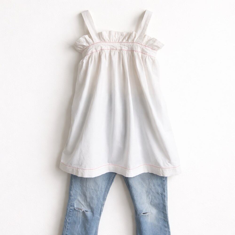 Vintage Women's White Cotton Pinafore Ruffle Babydoll Smocked Tie Back Straps OS